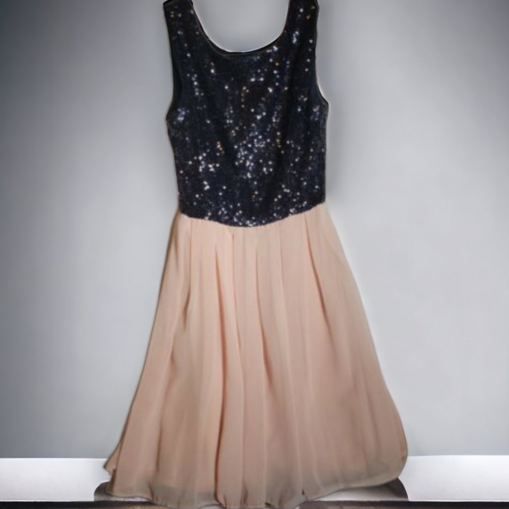 B Darlin SZ9 Navy Blue/Pale Pink Sequin Party Cocktail Dress